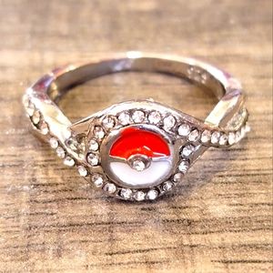 Size 9 Pokemon PokeBall Fashion Ring. Silver, red and white.